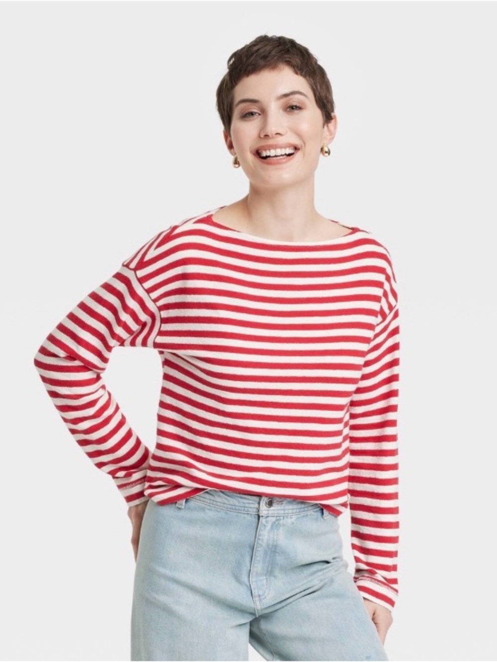 Red and White Striped Boatneck Long Sleeve T-Shirt